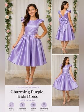 Girls Size 14 Lavender Satin Formal Dress Pearl Bow Wedding Party